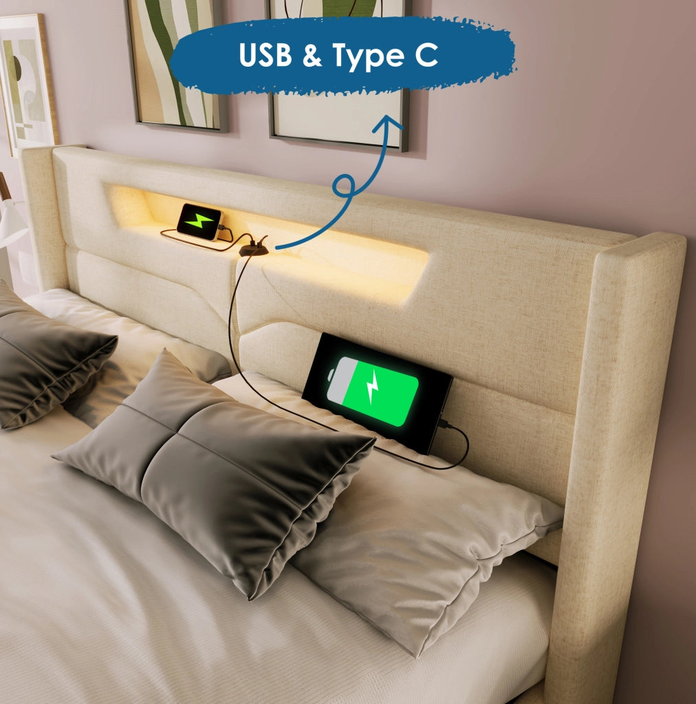 Letto imbottito 140x200 cm beige con LED, USB-C e contenitore