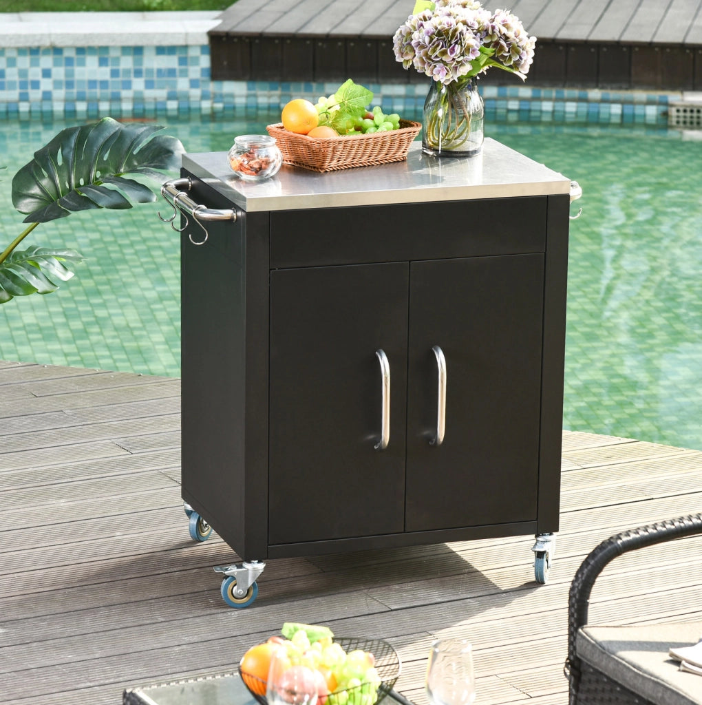 Carrello da cucina nero con piano in acciaio inox