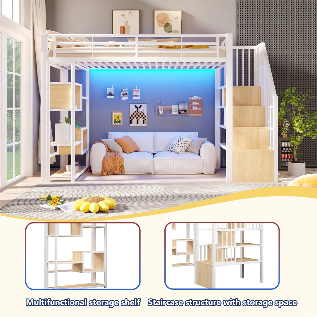 Letto a soppalco 90x200 cm con spazio libero sottostante; LED; ripiano; gradini integrati e parapetto; metallo bianco