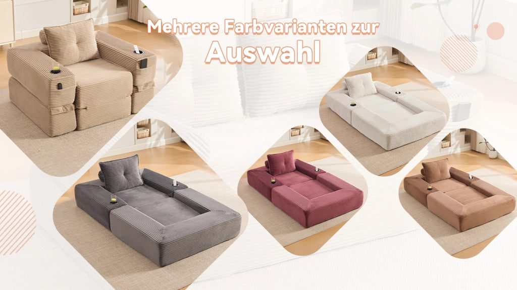 Divano letto in velluto a coste con cuscini in memory foam, tasche laterali e portabicchieri, kaki 122 × 98 × 80 cm