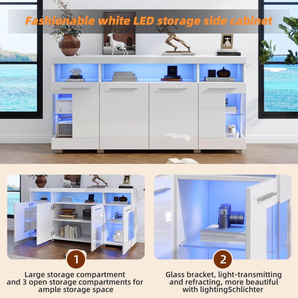 Credenza e madia con LED e ante in vetro temperato, 3 cassetti e 6 vani, per soggiorno, bianco, 140 × 40 × 70 cm