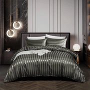 Set di lenzuola da letto satinate estive 135 x 200 cm Grigio Scuro Grigio satinato piana con zip, coperta da letto a strisce satinate e cuscino in puro cotone 80 x 80 cm
