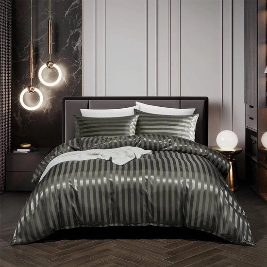 Set di lenzuola da letto satinate estive 135 x 200 cm Grigio Scuro Grigio satinato piana con zip, coperta da letto a strisce satinate e cuscino in puro cotone 80 x 80 cm