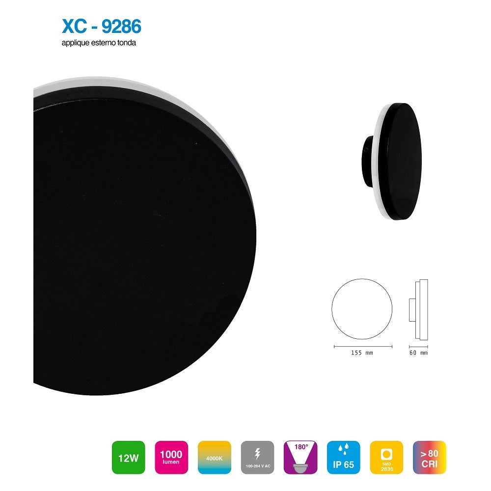 Trade Shop - Applique Esterno 12w Nera Tonda Slim Ip65 Alluminio Luce Naturale 4000k Xc-9286 -