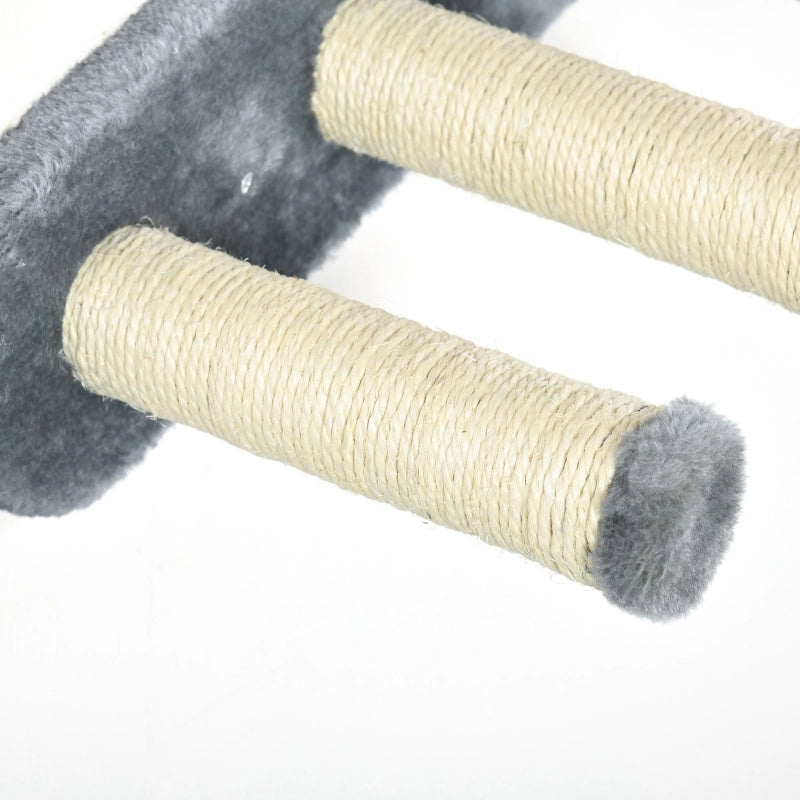 Parete arrampicata per gatti a 4 pezzi con tiragraffi, piattaforma, scala e cuccia semicircolare, grigio