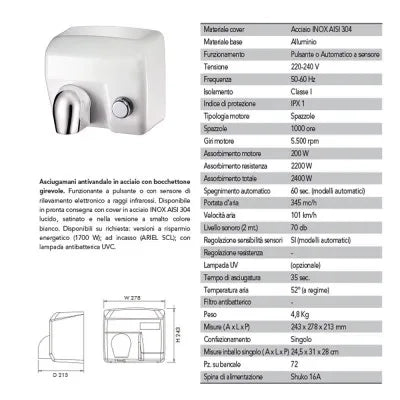 Asciugamani elettrico con pulsante 2400W in acciaio bianco