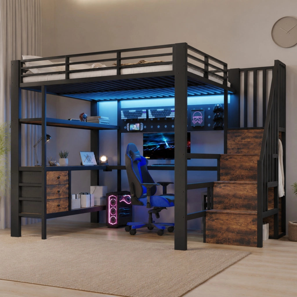 Letto a soppalco 140x200 cm nero con scrivania, cassetti, LED e presa