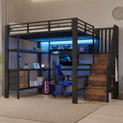 Letto a soppalco 140x200 cm nero con scrivania, cassetti, LED e presa