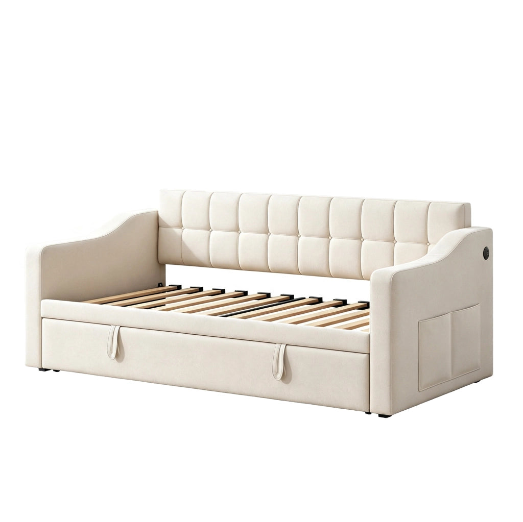 LETTO Imbottito Estraibile 90x190 cm Velluto Beige con Porte USB