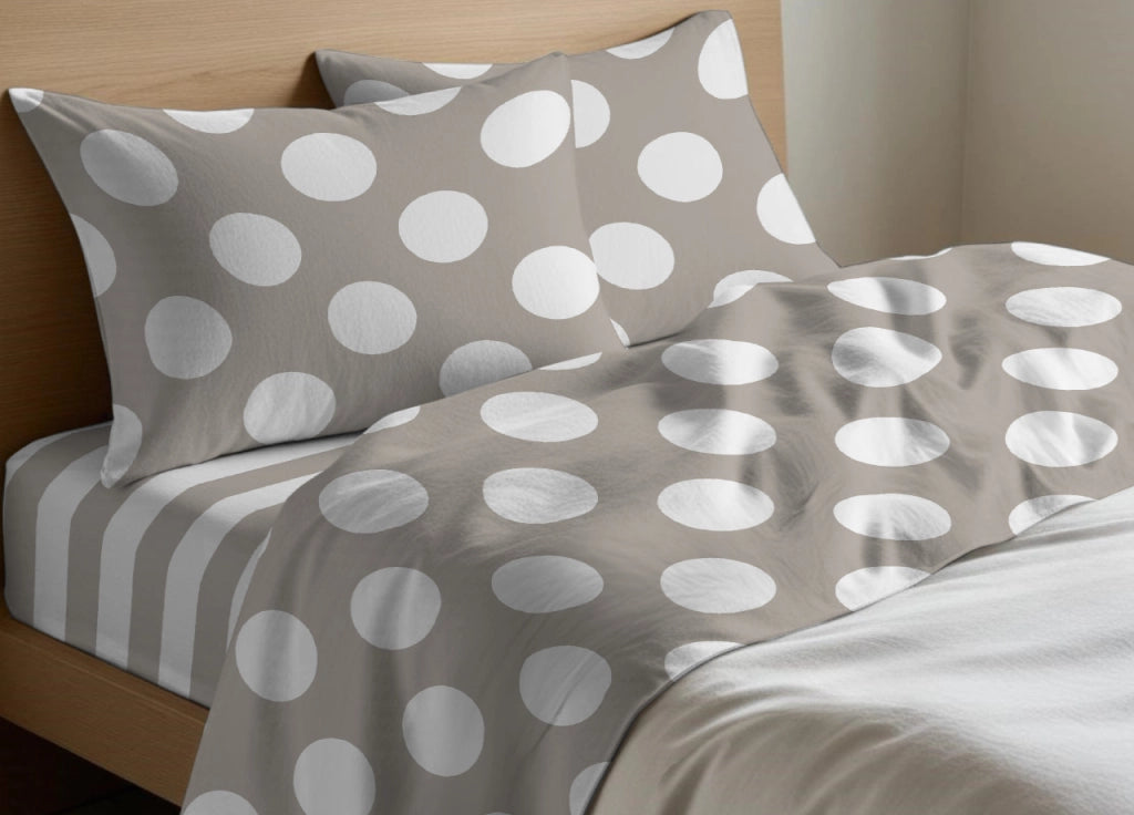 Completo Lenzuola Letto In 100% Cotone Made Italy Disegno Pois - Francese - Beige
