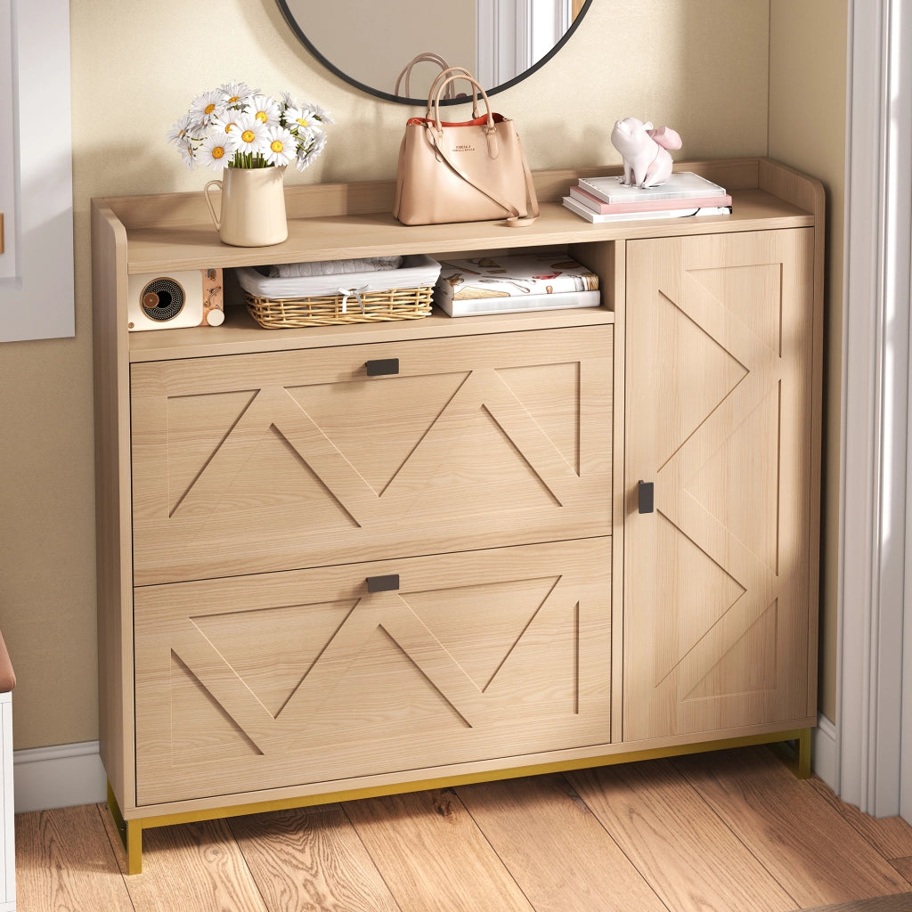 Armadio per scarpe con coperchio ribaltabile doppio - Zephmum- Ripiano superiore aperto, porte geometriche, struttura in metallo