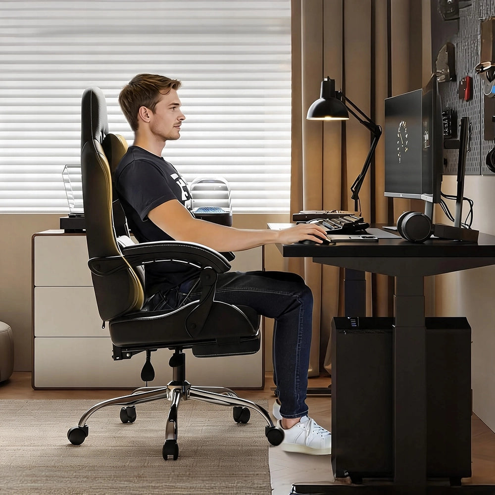 Sedia Gaming DOWINX Nera con Poggiapiedi; Schienale 150°; Supporto Lombare e Portata 150 kg