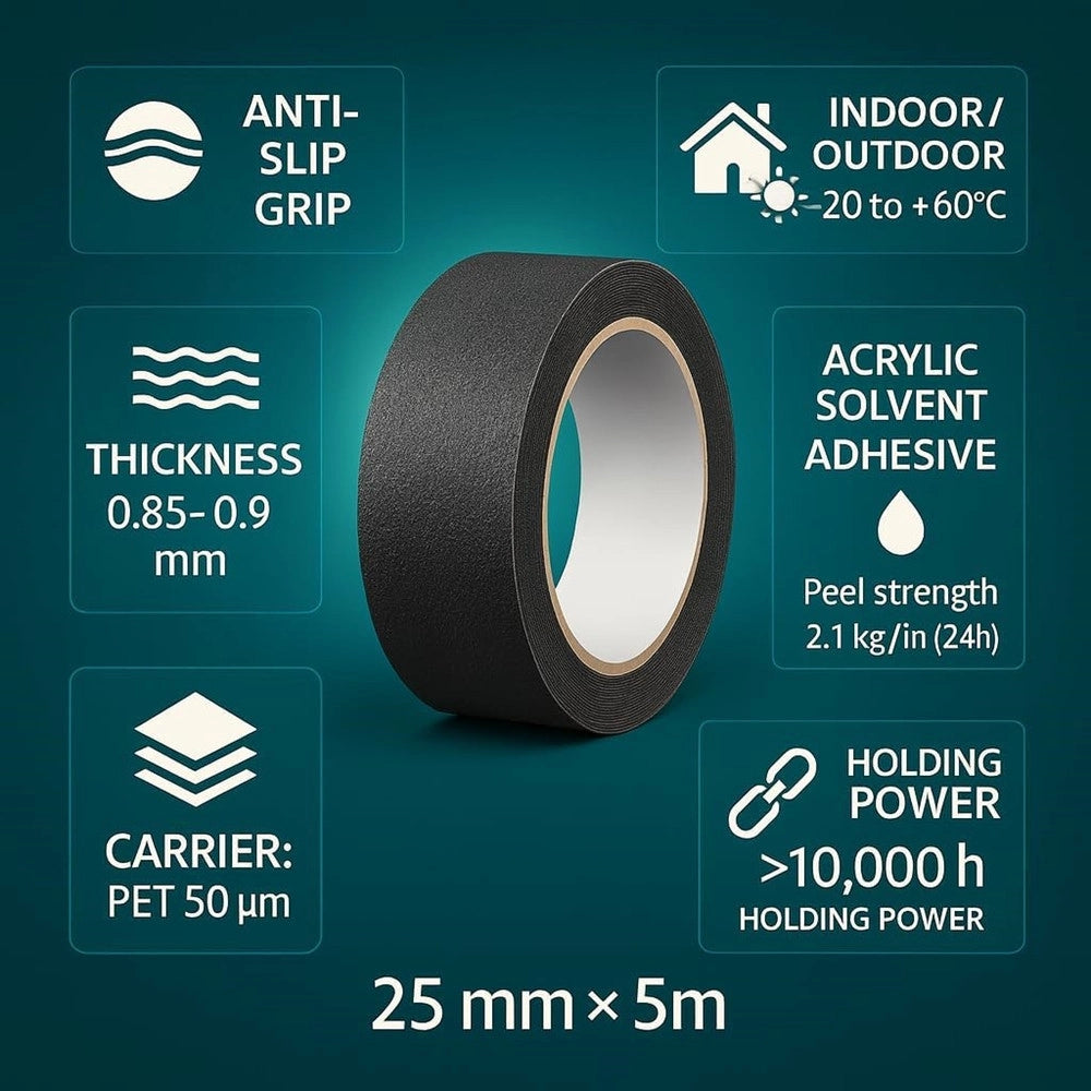 Trade Shop - Nastro Adesivo Nero Per Interno/esterno Anticaduta Antiscivolo Senza Residui 25mmx5mt -