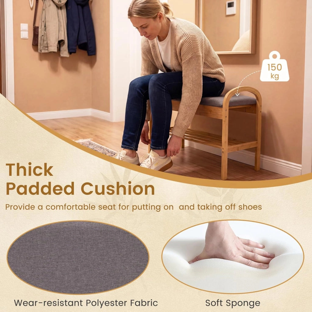 Panca Scarpiera da Ingresso con Contenitore, Panca Imbottita Porta Scarpe in Legno Bambù 2 Livelli, per Corridoio, Camera da Letto e Soggiorno, Carico 150 kg, 70 x 30 x 51 cm