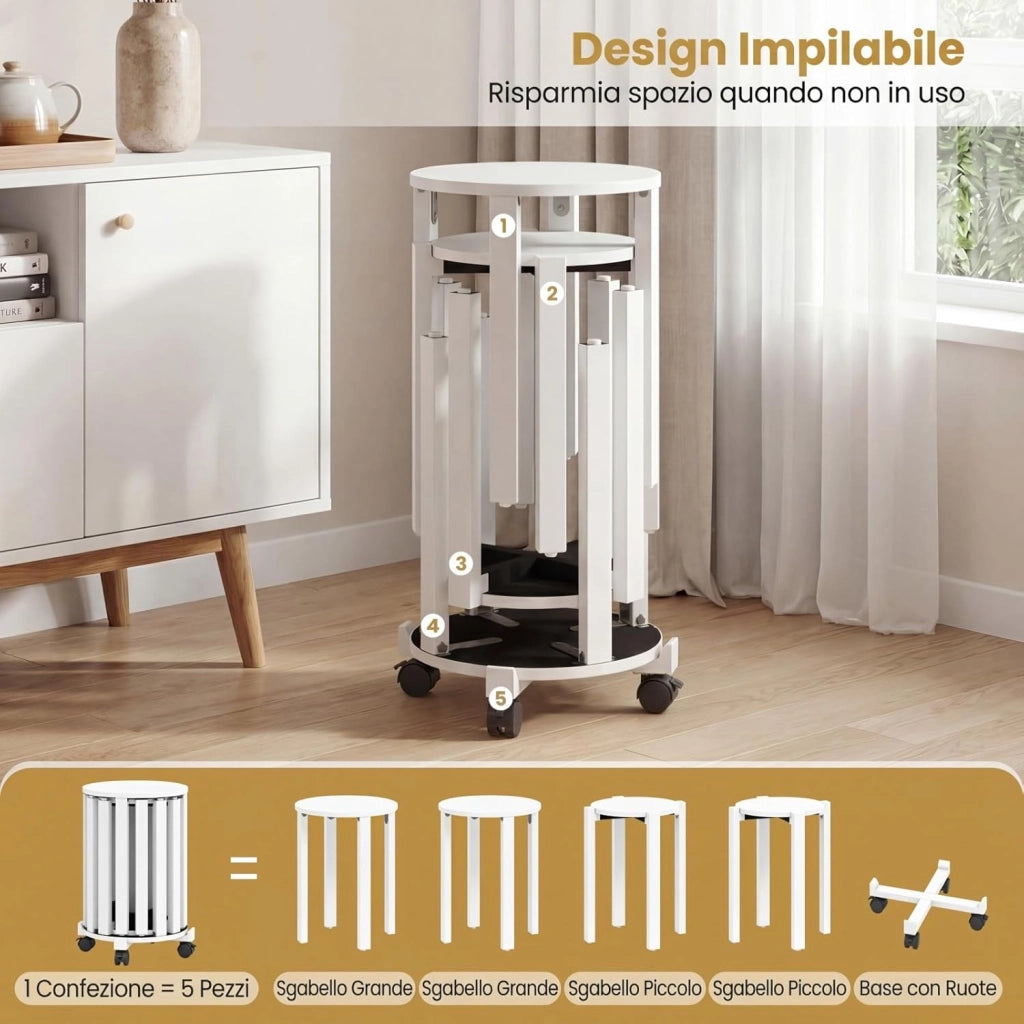 Set di 4 Sgabelli Impilabili 4 in 1, Sgabelli in Legno con Portavaso con Rotelle, 2 Grandi Ø36 cm e 2 Piccoli Ø35 cm, Tavolino Laterale Rotondo per Soggiorno e Camera da Letto (Bianco)