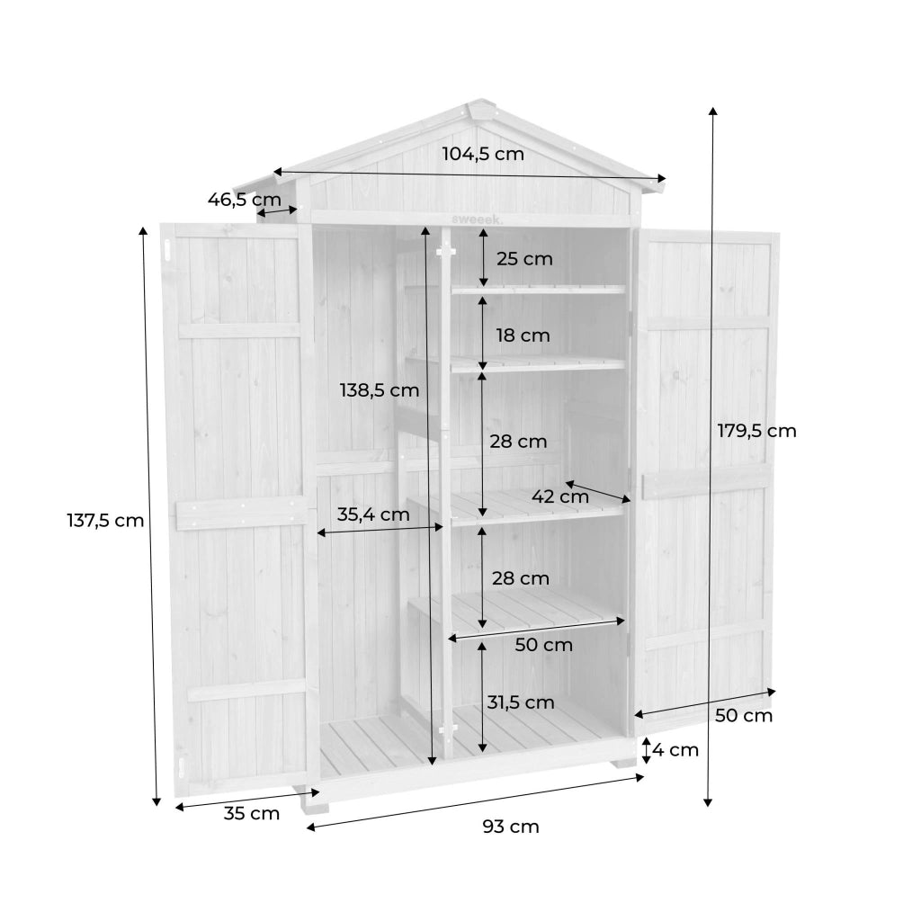 Casetta da giardino in legno d'abete e 6 vani portaoggetti, 105cm,