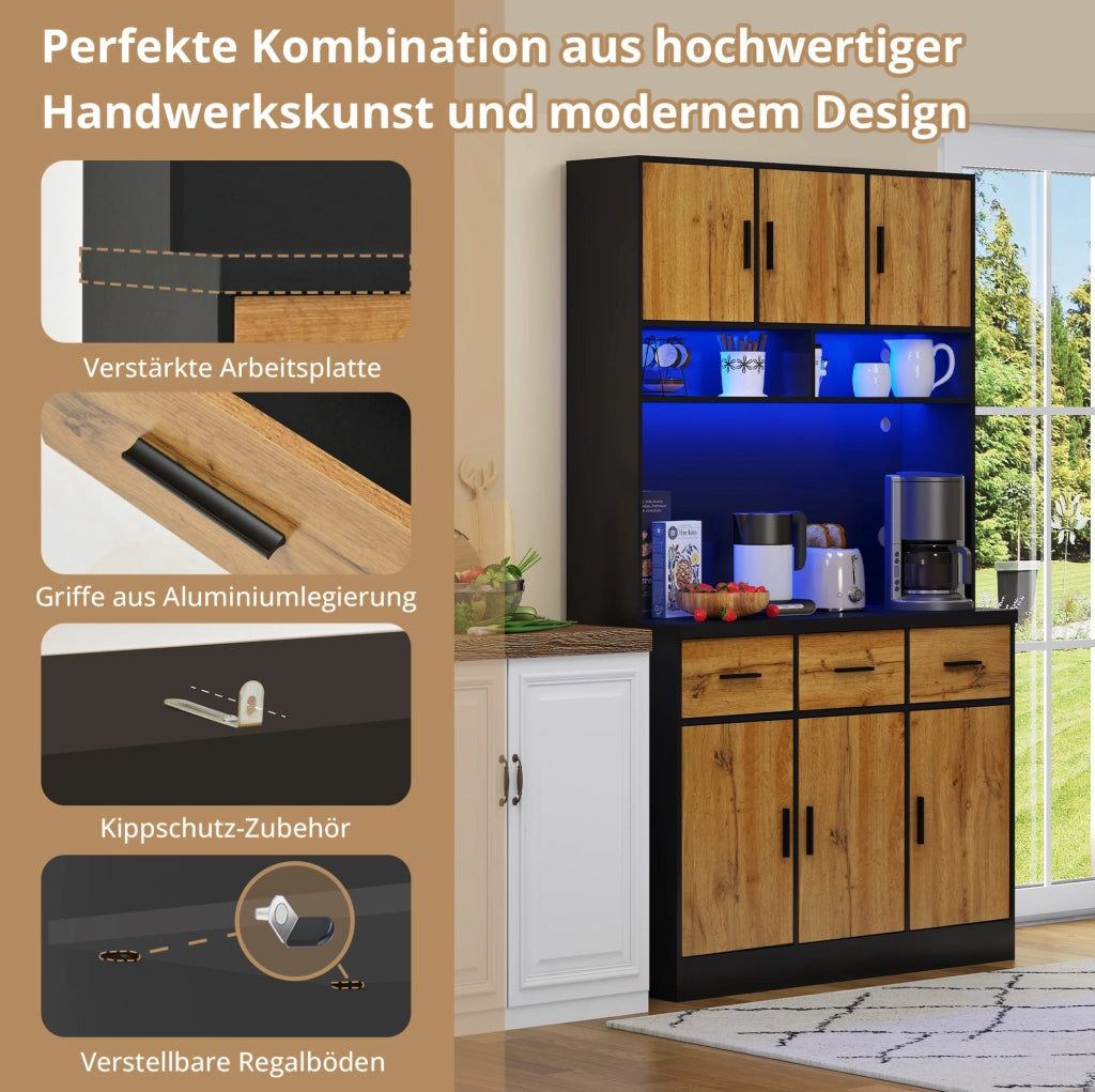 Credenza cucina moderna 100 x 40 x 180 cm in PB e MDF; nera e naturale; con LED e prese USB