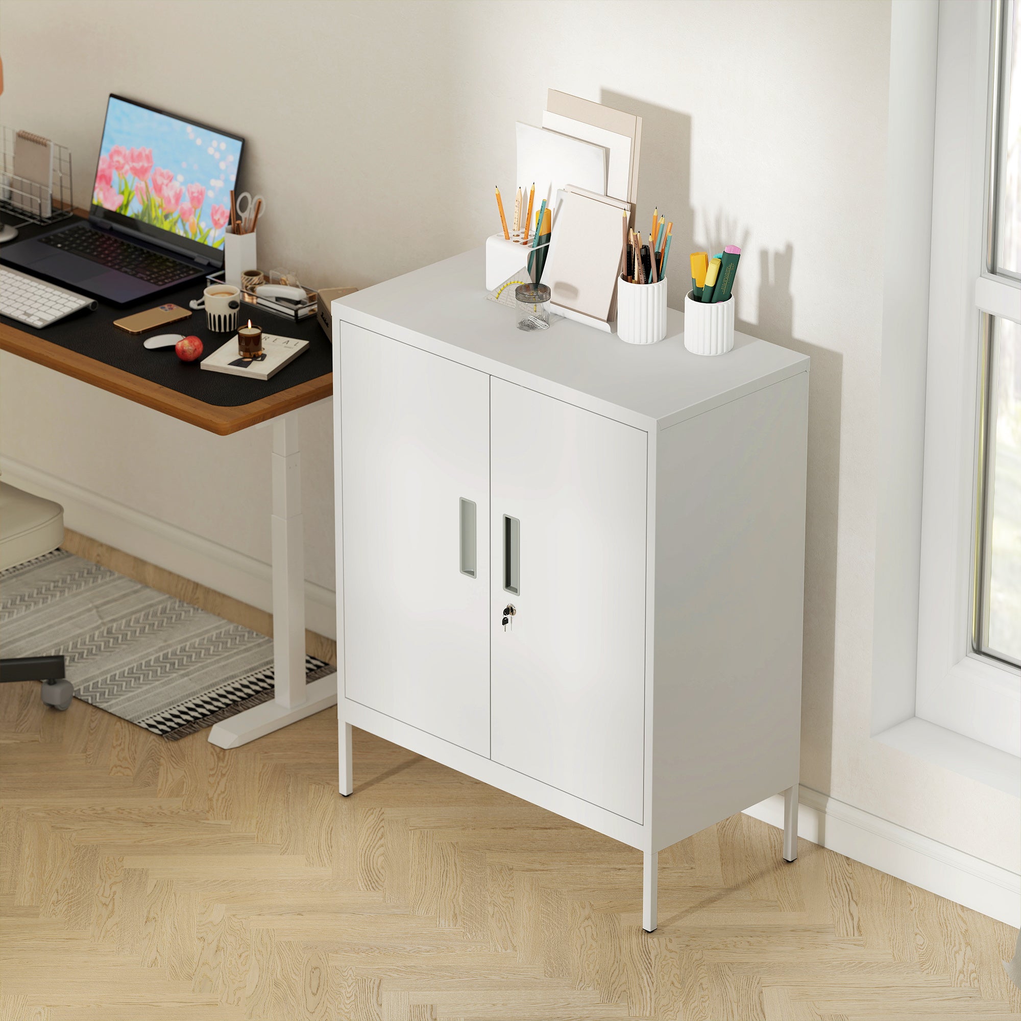 Armadietto da Ufficio 80x40x100 cm a 2 Ripiani Regolabili con Serratura e 2 Chiavi in Acciaio Bianco