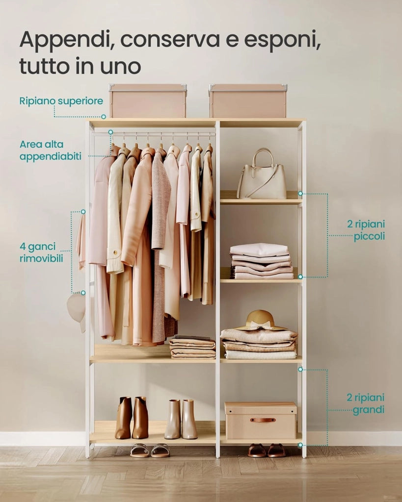Guardaroba, Stand Appendiabiti, Armadio Aperto con Aste per Appendere, Ripiani Portaoggetti, Ganci Rimovibili, 98 x 40 x 181 cm, Marrone Vintage RGR024B01