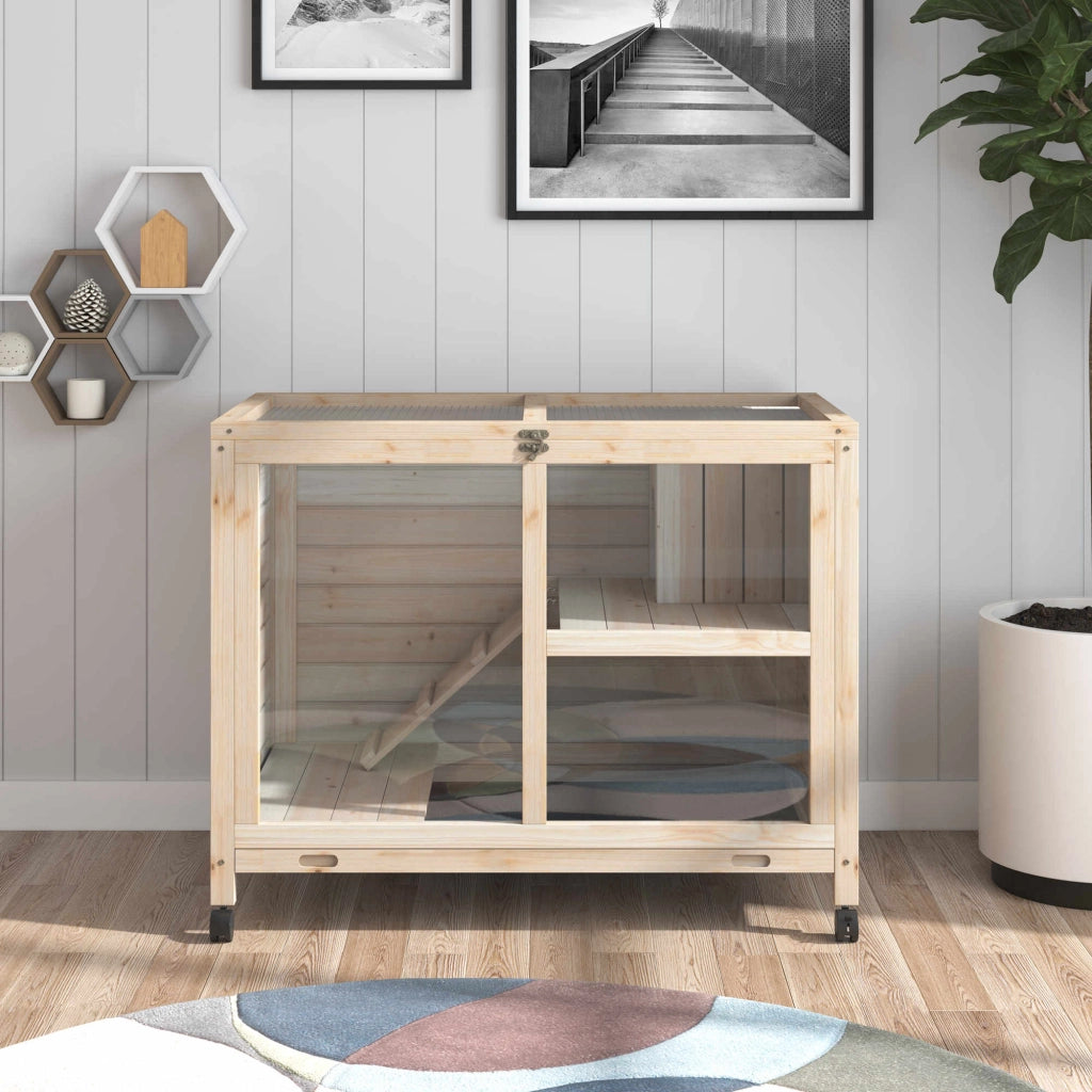 Conigliera in Legno a 2 Piani con Casetta, Rampa e Vassoio Estraibile, 91.5x53.3x73cm