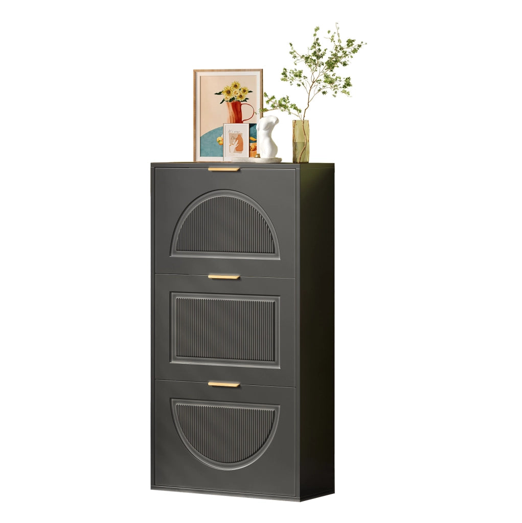 Scarpiera salvaspazio nera 60 x 24 x 114 cm con anta a ribalta