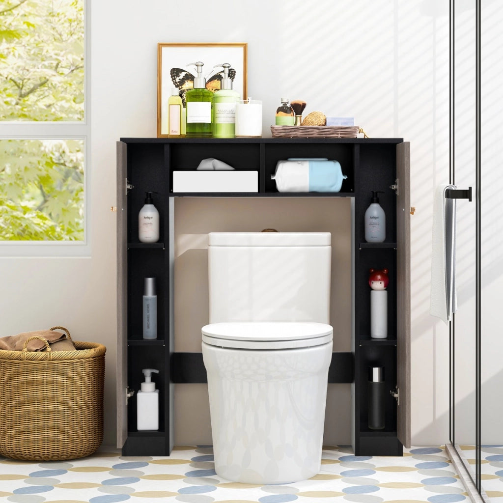 Scaffale sopra wc con doppia anta 2 scomparti aperti e 4 ripiani regolabili, Mobile a ponte per bagno Marrone-Armadietti da bagno