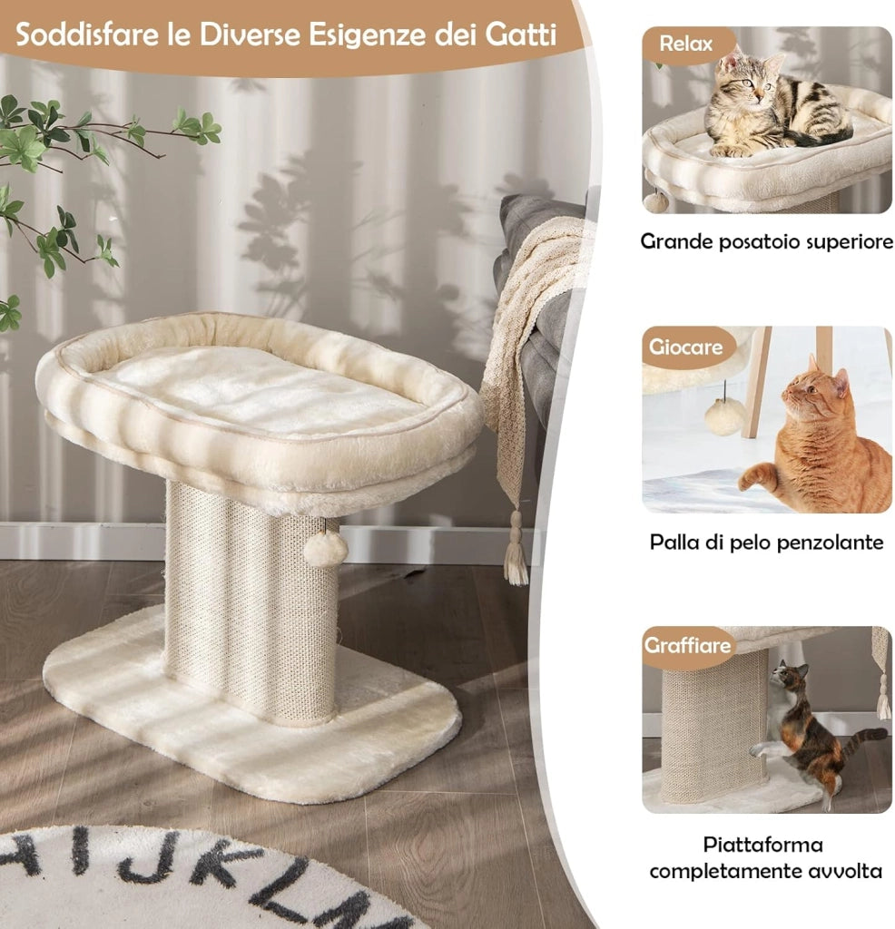 Tiragraffi per Gatti, Albero con Grande Cuccia in Peluche e Sisal, Palla, da Divano in Legno per Gatti Piccoli, Portata 20 kg (Beige)