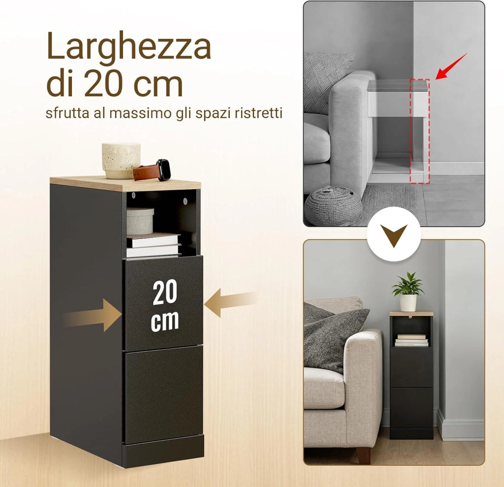 Comodino camera da letto 20 cm larghezza, Tavolino salotto con 2 cassetti & scomparto aperto per piccoli spazi, Comodino stretto per camera da letto soggiorno, 20x35x60 cm Nero, FBT149-SCH
