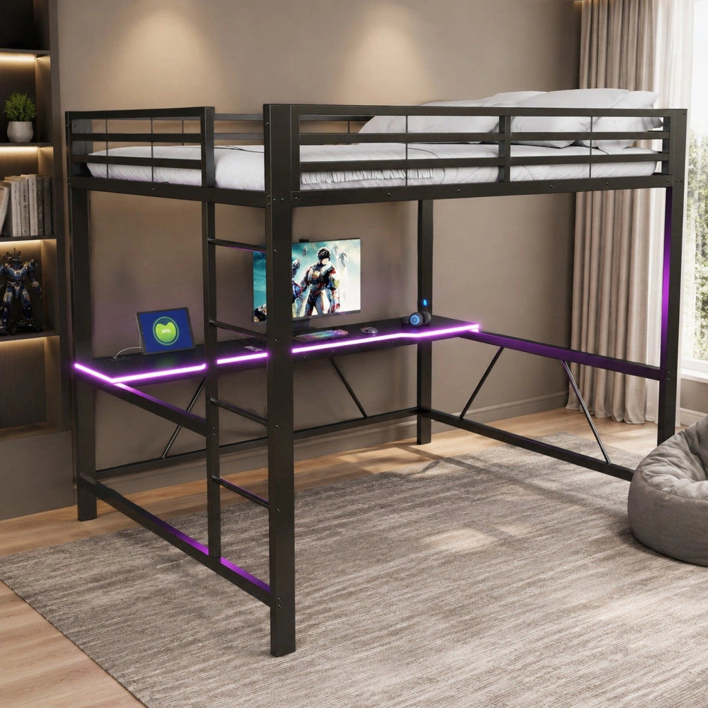 DESMIU Lit mezzanine 160 × 200 cm 2 posti con scrivania, LED e senza materasso, in metallo e MDF, nero