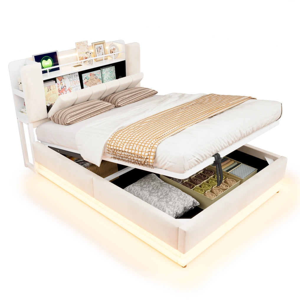 Letto imbottito 140x200 cm con LED; porte USB e vano contenitore idraulico; velluto beige
