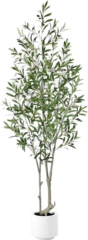 Olivo Finto di Alta Qualità 210cm con Vaso Bianco, Pianta Finta Grande Olivo con 1008 Foglie e 72 Frutti, Finto Albero per Ambiente come il Reale per Decorazione Camera, Ufficio