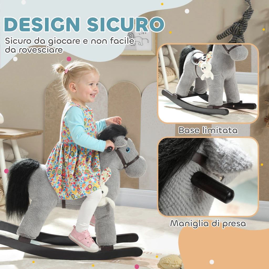 Cavallo a Dondolo con Suoni per Bambini da 2-5 Anni e Animale di Peluche Incluso, Legno e Acciaio, Grigio