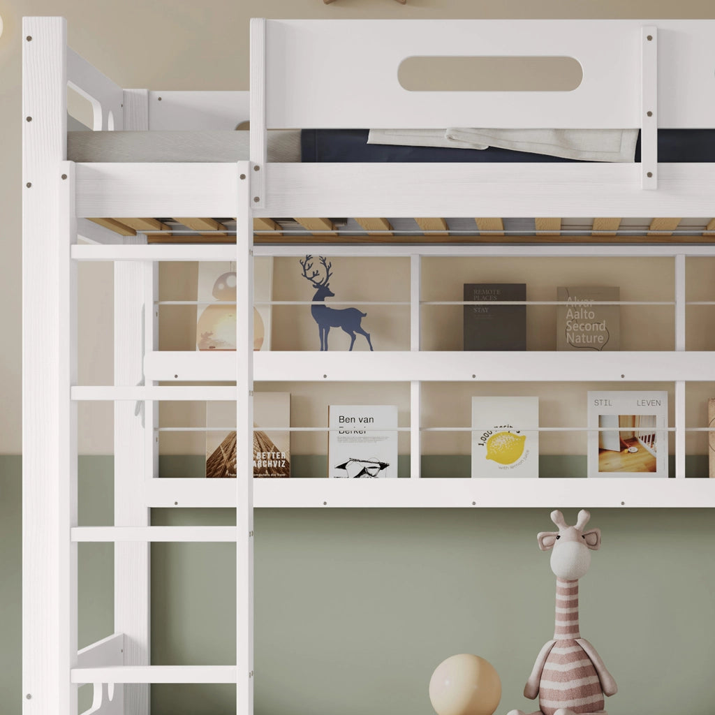 OKWISH Letto a Castello 90×200 cm, Letto Singolo con Sponde di Sicurezza, Scaffali Aperti e Scala a 5 Gradini, senza Materasso, Bianco