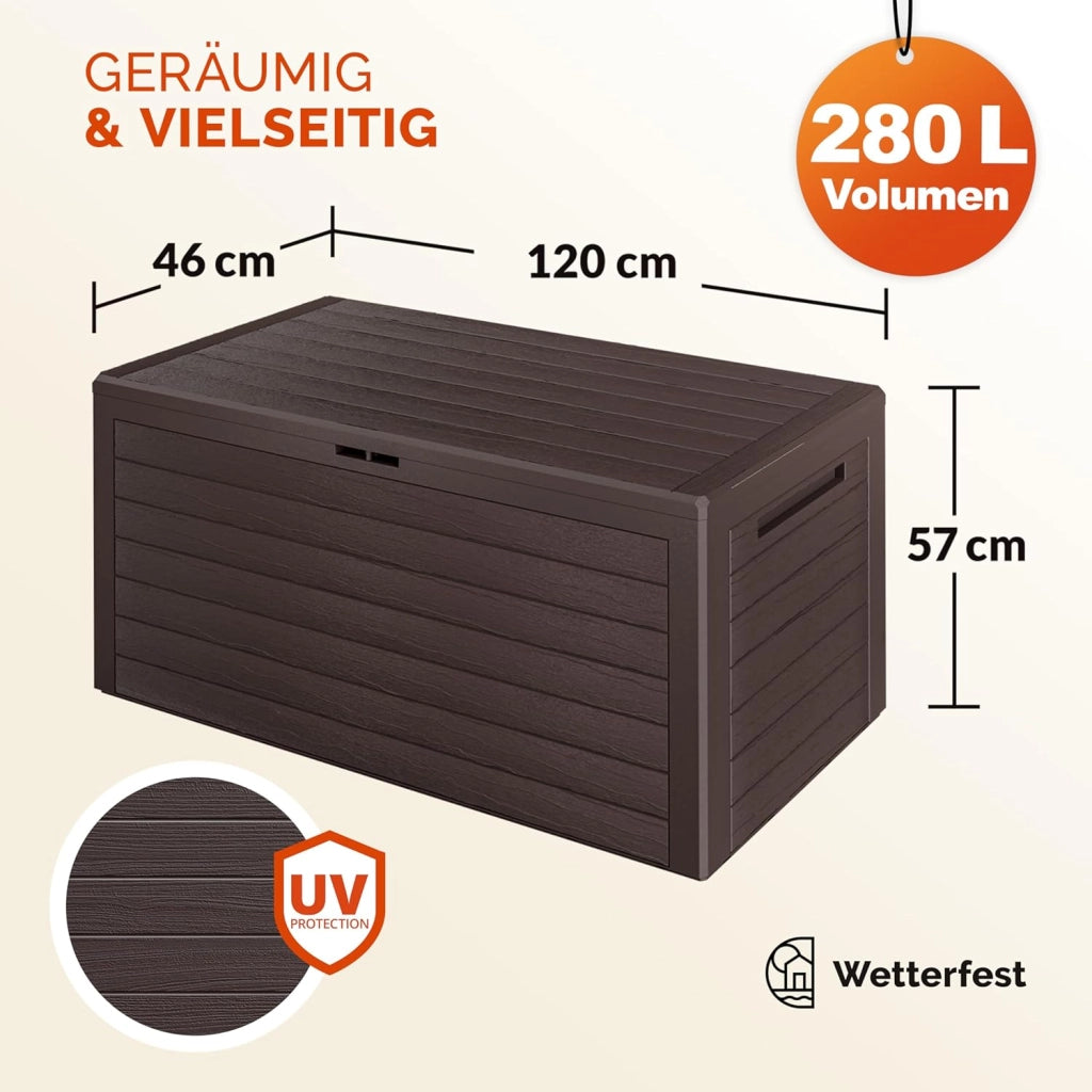 ® Baule da Giardino XXL 280L Effetto Legno Cassapanca Richiudibile 116x43x55cm Box Multibox Contenitore Cuscini