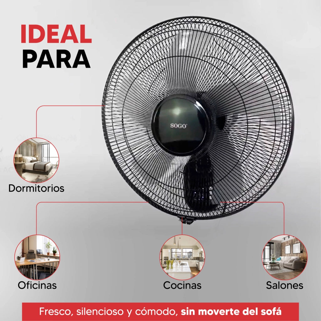 Ventilatore da parete 40 cm con telecomando, 50W 3 velocità e timer 7,5h, oscillazione e inclinazione regolabile - Sogo