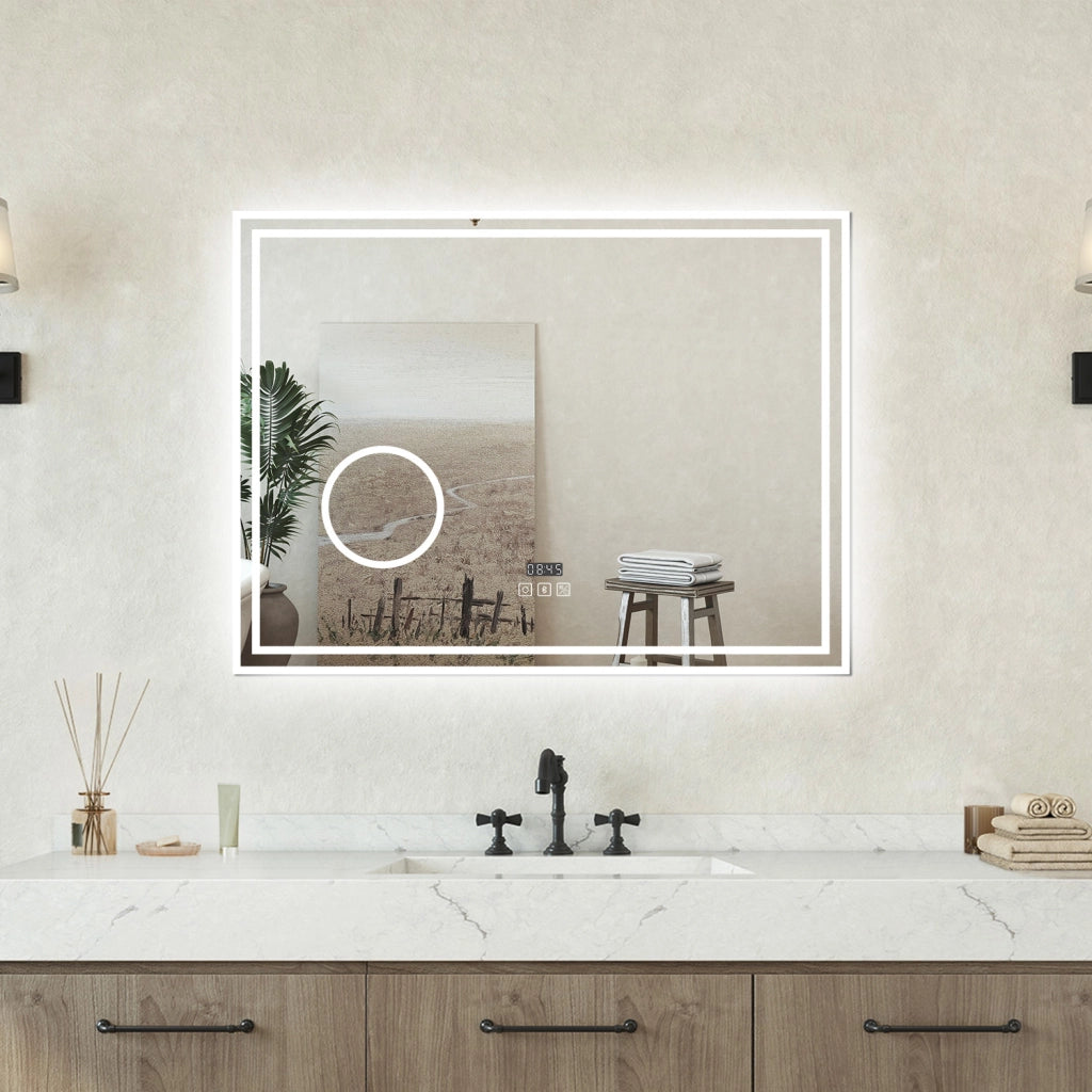 Specchio bagno Rettangolare 80x60cm Led Con 3 Luci + 3X Lente d'ingrandimento + Bluetooth + Orologio + Antiappannamento