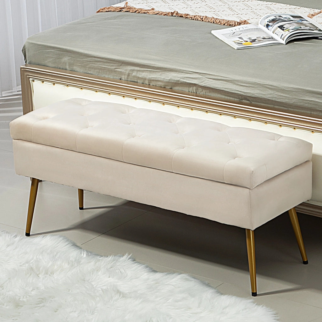 Panca contenitore in poliestere con coperchio a chiusura dolce e seduta trapuntata per ingresso beige 102 × 35 × 43 cm
