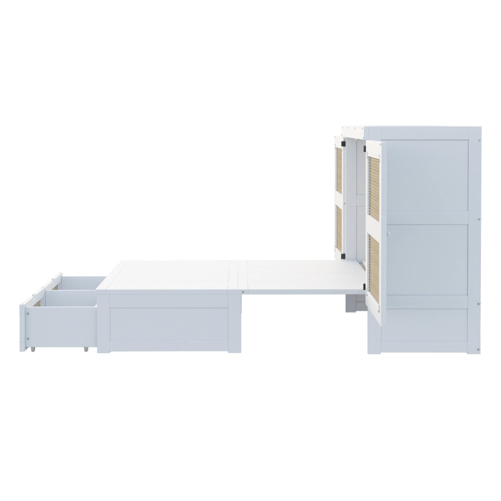 Letto pieghevole matrimoniale 140×200 cm con cassetti e design rattan; senza materasso; legno; bianco