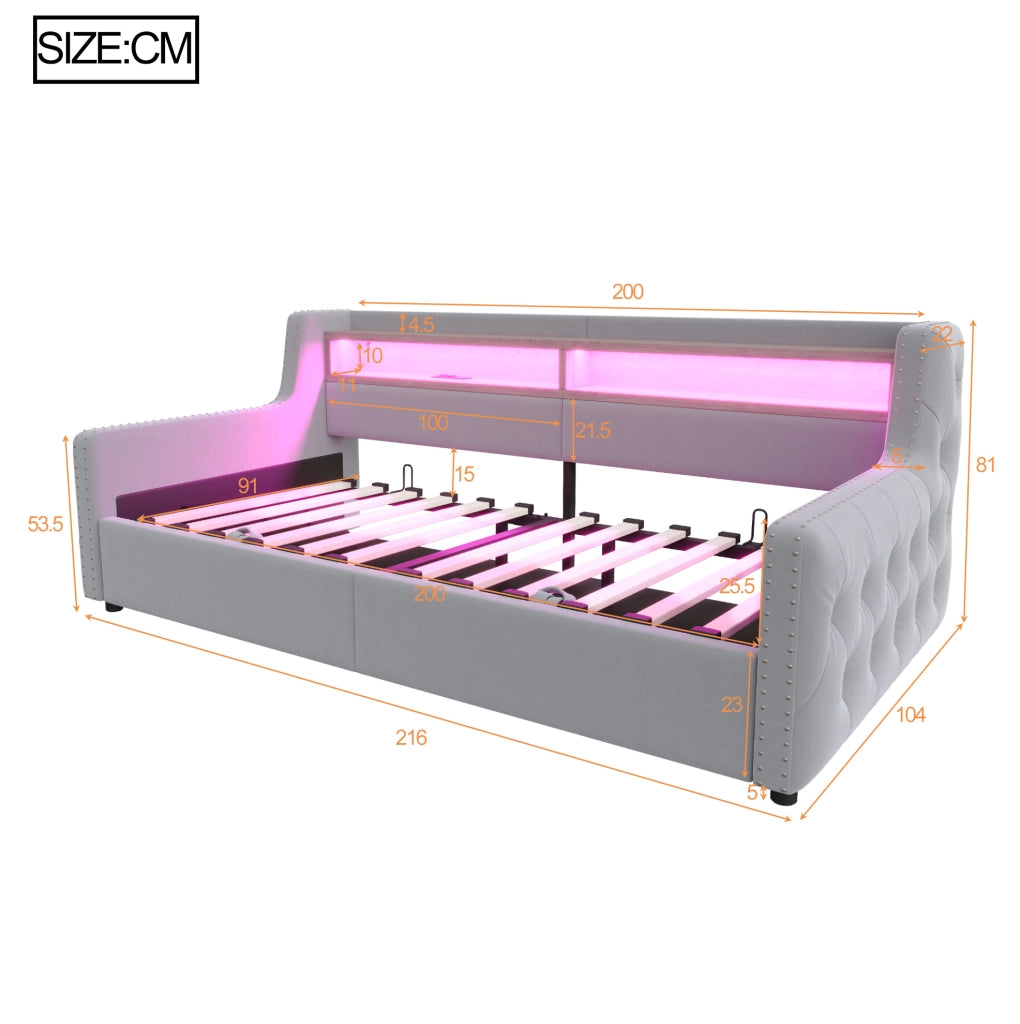 Divano letto imbottito 90x200 cm in velluto grigio chiaro con contenitore; LED e prese