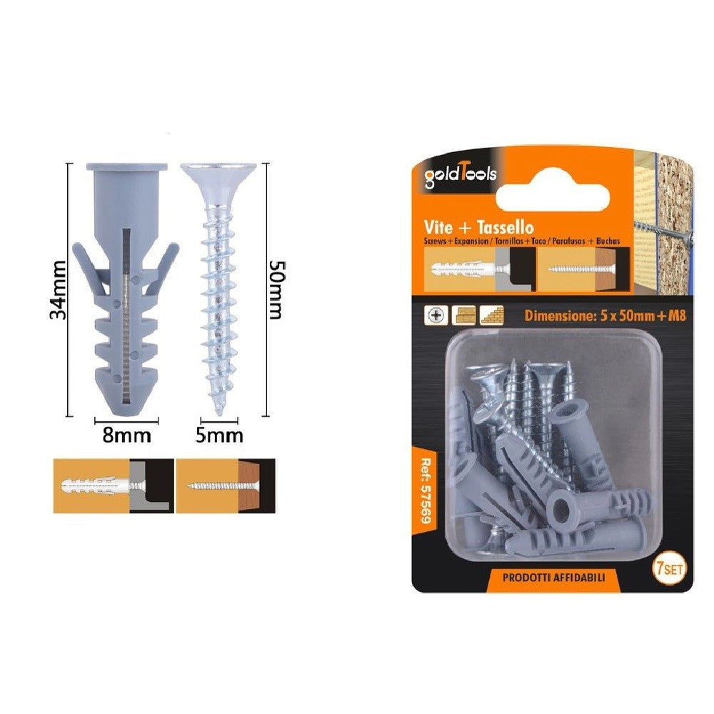 Trade Shop - Set 7pz Viti Vite Croce 5 X 50mm + Tasselli Con Alette Tassello M8 Fischer 57569 -