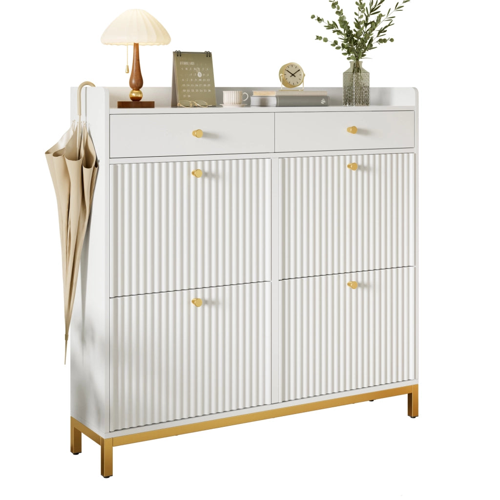 Scarpiera salvaspazio con 4 ante ribaltabili, 2 cassetti, struttura in pannello truciolare bianco, 106,5 x 25 x 107 cm