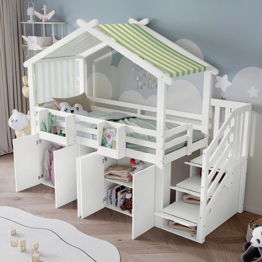 OKWISH Letto a Castello 90×200 cm, Letto Singolo con Scala Contenitore, Armadio, 7 Vani e Spondina, senza Materasso, Bianco Verde