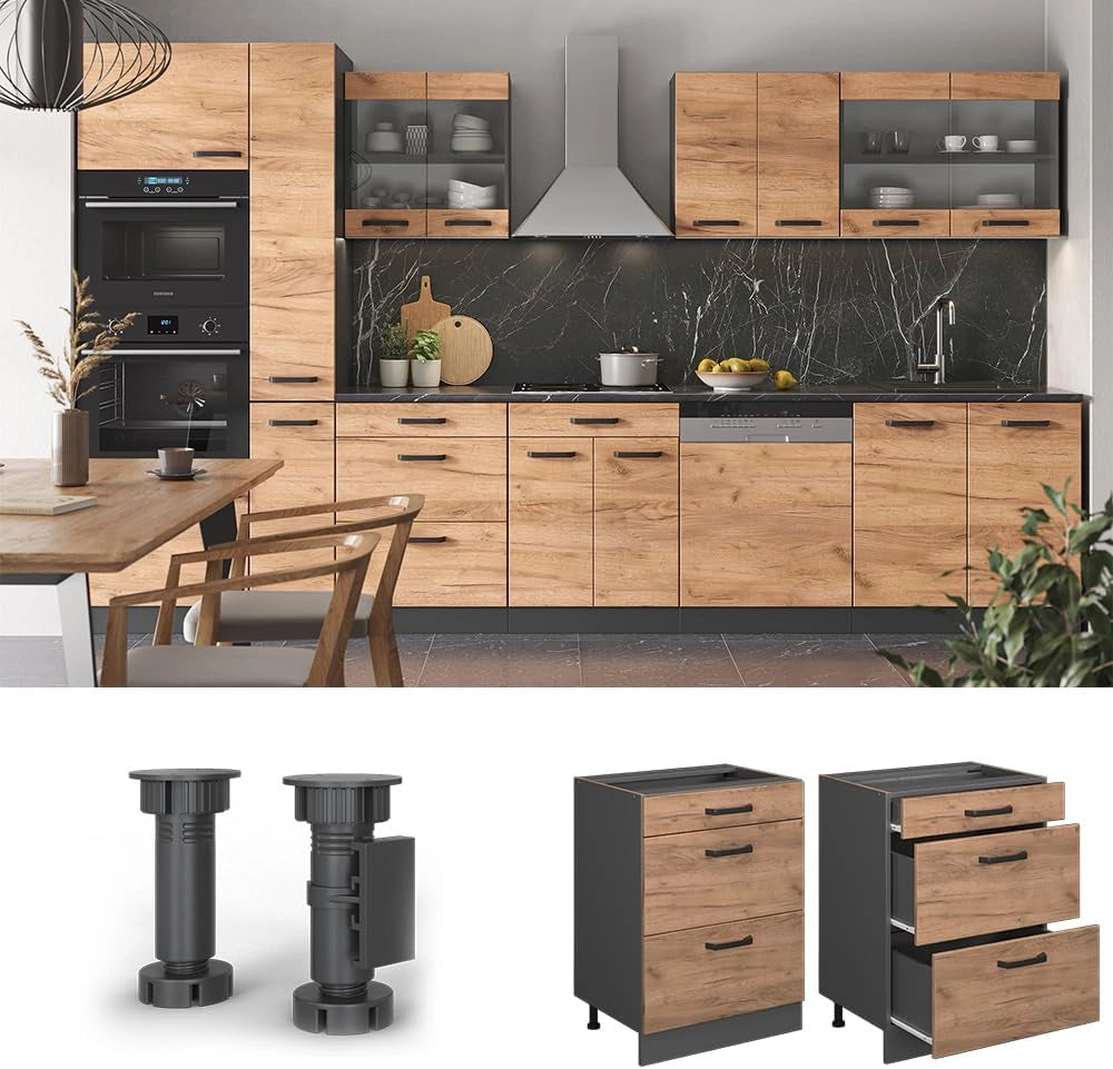 Mobiletto base per cucina R-Line, Quercia dorata, 60 cm con cassetti, senza piano di lavoro, per la libera combinazione all'interno di sistemi cucina modulari