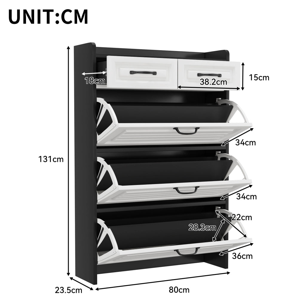 Mobile Scarpiera con 3 Ribaltine Girevoli e 2 Cassetti; Stile Moderno; in Pannelli di Truciolare; 80×23;5×131 cm; Bianco Nero
