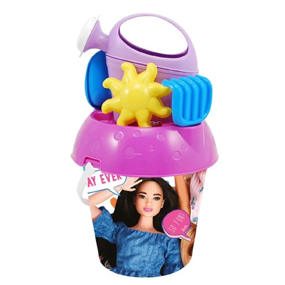 Trade Shop - Set Secchiello Spiaggia Mare Barbie 18cm Con Innaffiatoio Formina Rastrello Paletta 448947 -