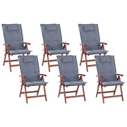Set di 6 sedie da giardino in legno di acacia cuscino blu regolabile pieghevole per esterni in stile rustico country