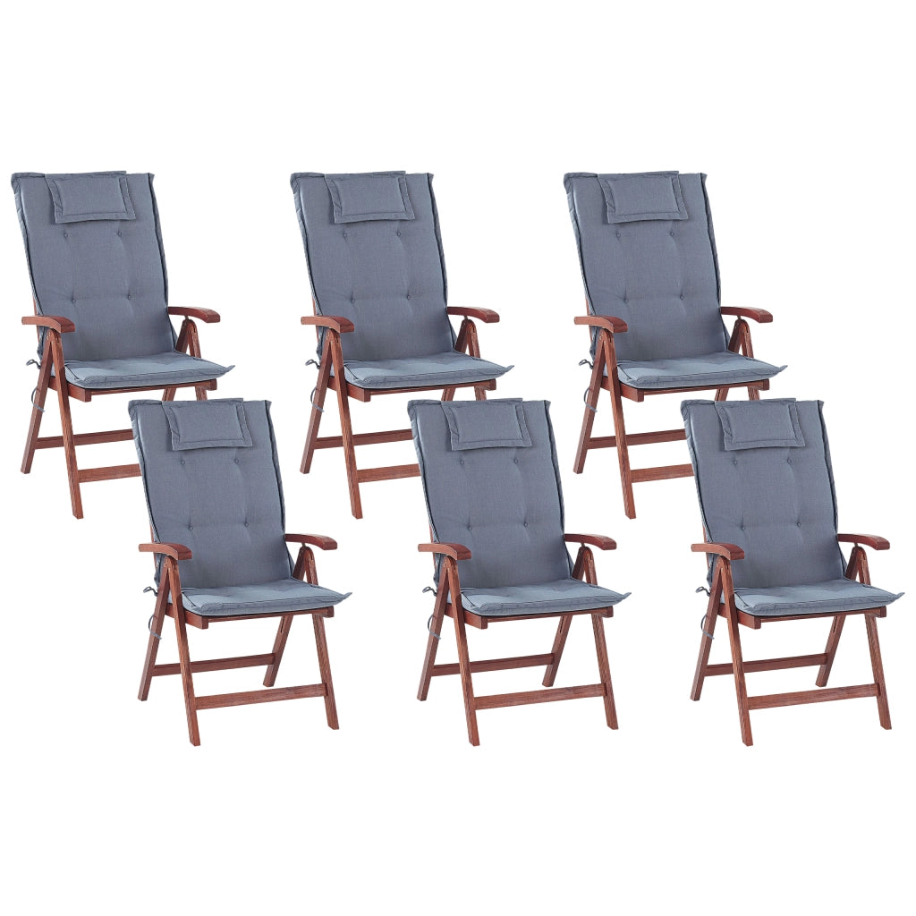 Set di 6 sedie da giardino in legno di acacia cuscino blu regolabile pieghevole per esterni in stile rustico country