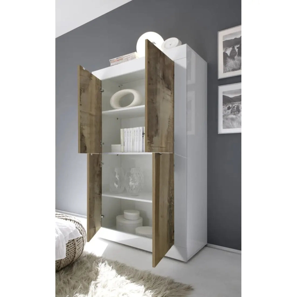Buffet alto 4 porte, collezione ISORA, colori bianco lucido laccato e rovere chiaro