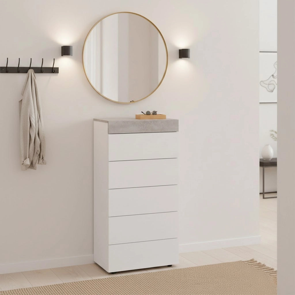 Comò Cassettiera Settimino Per Camera Da Letto Con 5 Cassetti Dal Design Moderno Salvaspazio Con Maniglie Nascoste Ed Interno Tessile 110 X 40 X 61 Cm Bianco E Grigio Cemento