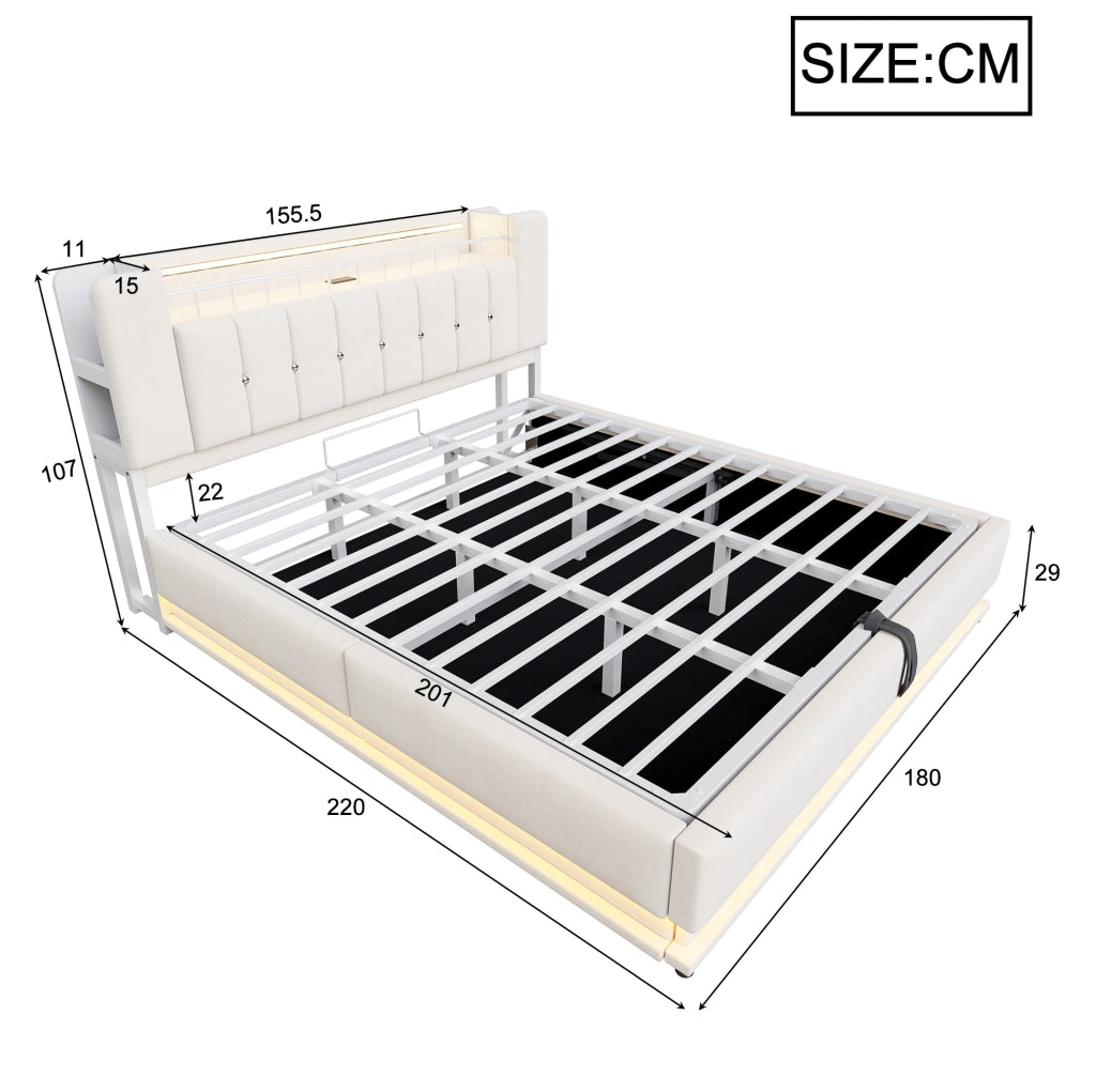 Letto imbottito 180x200 cm con LED; USB e contenitore idraulico in velluto beige